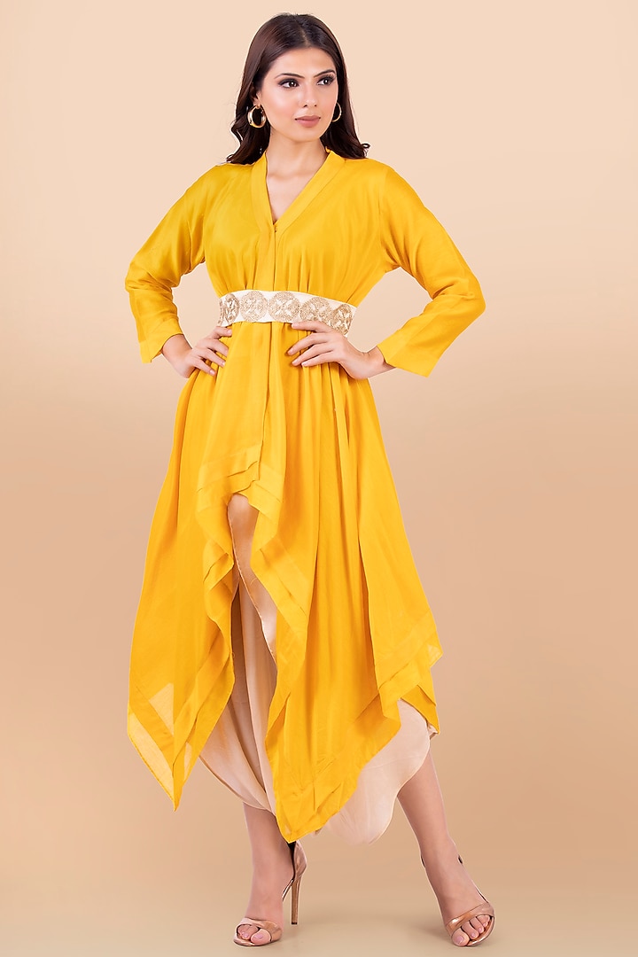 Cream Modal Satin Draped Dhoti Set by Jajobaa at Pernia's Pop Up Shop