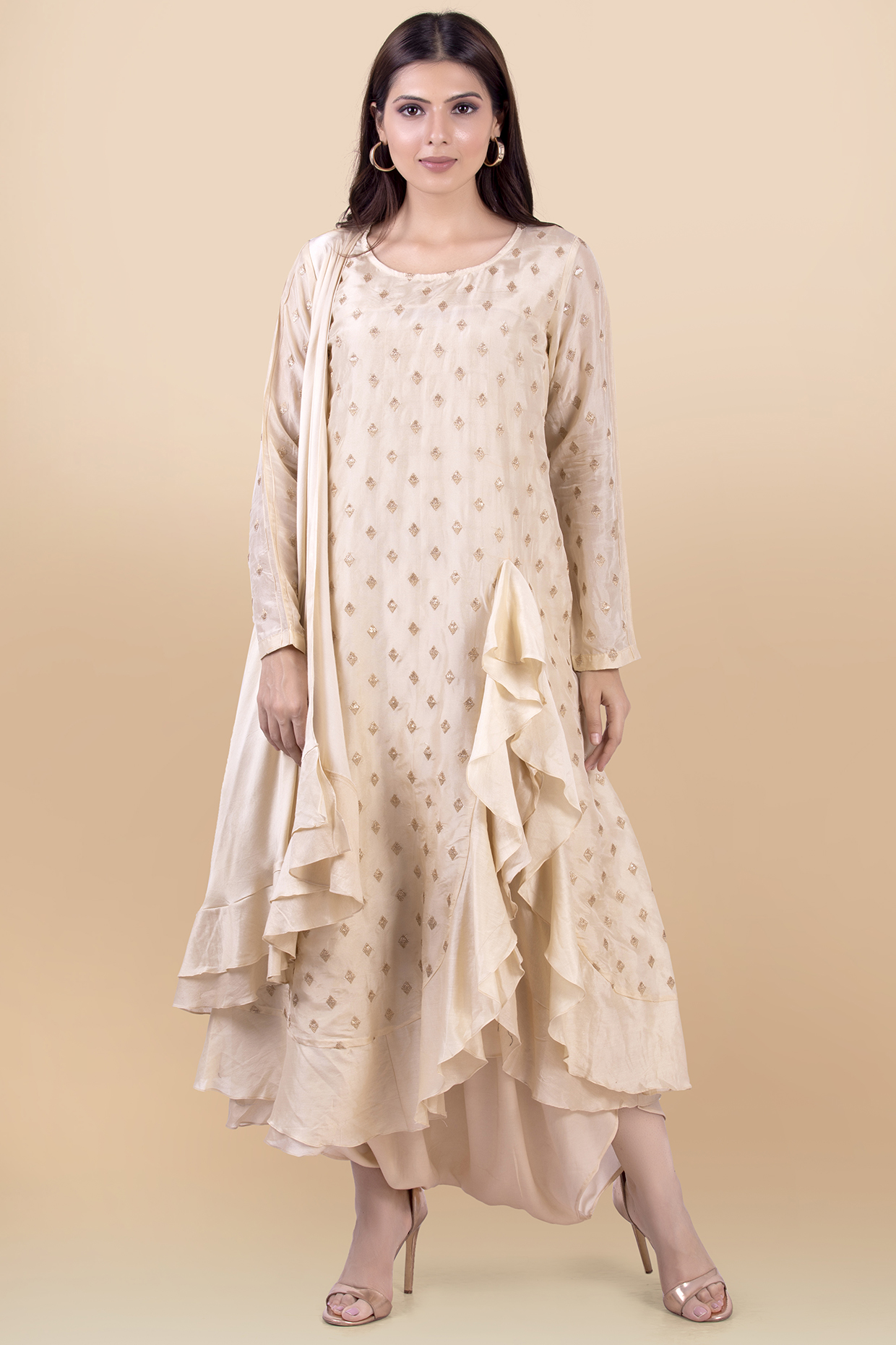 Cream Modal Satin Dhoti Set by Jajobaa at Pernia's Pop Up Shop