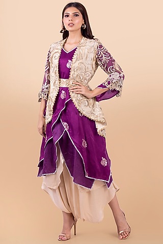 Purple & Gold Banarasi Silk Jacket Set by Jajobaa