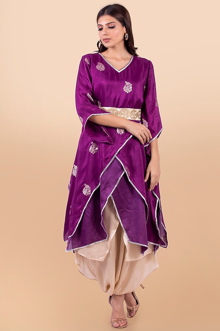 Purple & Gold Banarasi Silk Jacket Set by Jajobaa at Pernia's Pop Up Shop