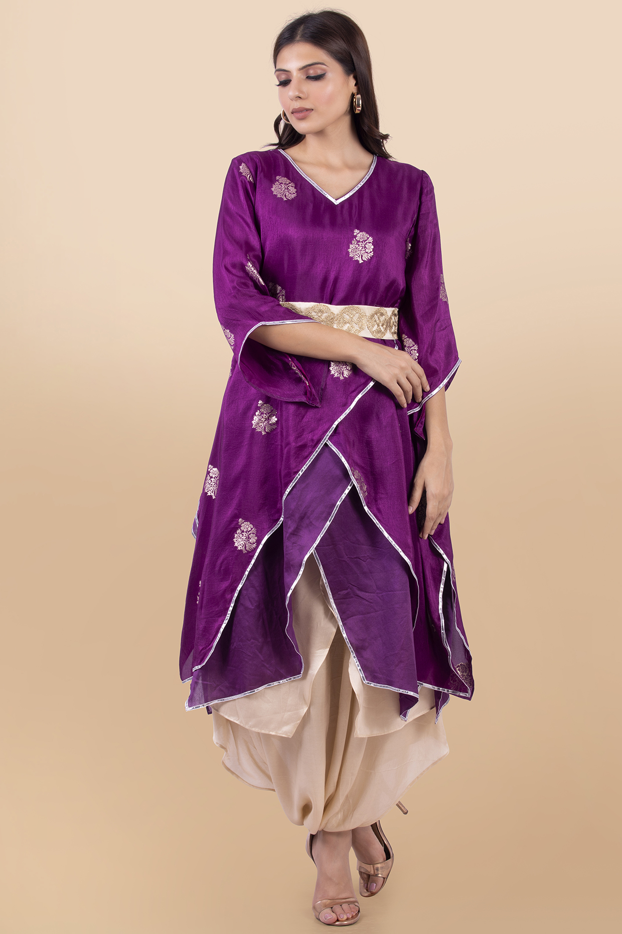 Cream Modal Satin Dhoti Set With Lacy Belt by Jajobaa at Pernia's Pop Up Shop