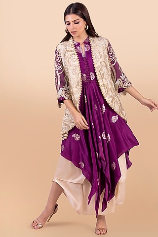Purple & Gold Cutwork Jacket Set by Jajobaa