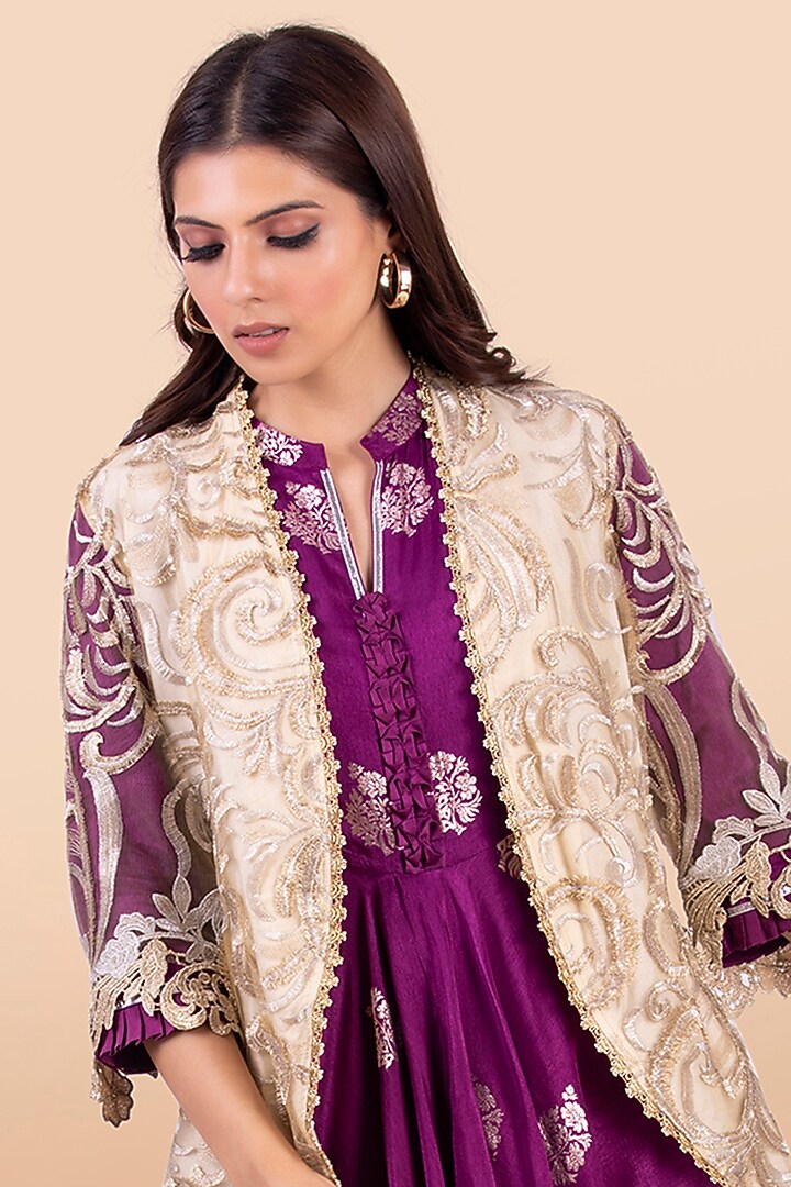 Purple & Gold Cutwork Jacket Set by Jajobaa at Pernia's Pop Up Shop
