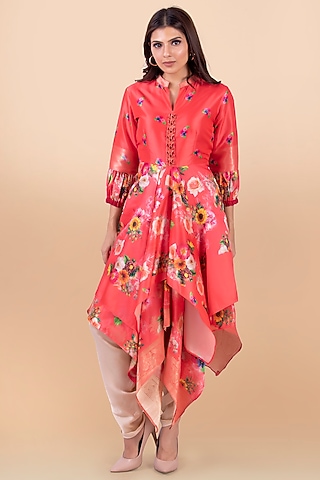 Peach & Cream Draped Dhoti Set by Jajobaa