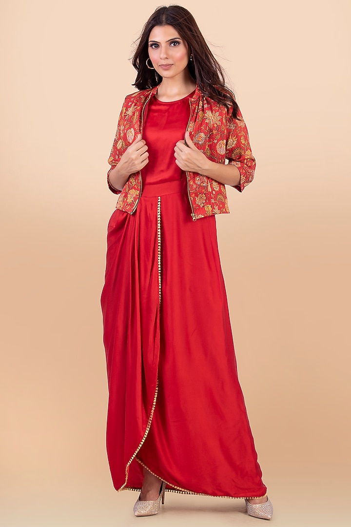 Red Vacation Dress With Self-Stitched Jacket by Jajobaa at Pernia's Pop Up Shop