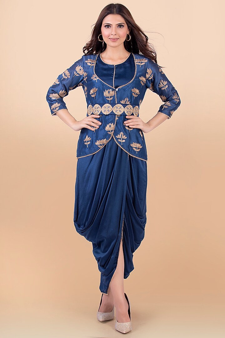 Blue Draped Dress With Jacket by Jajobaa