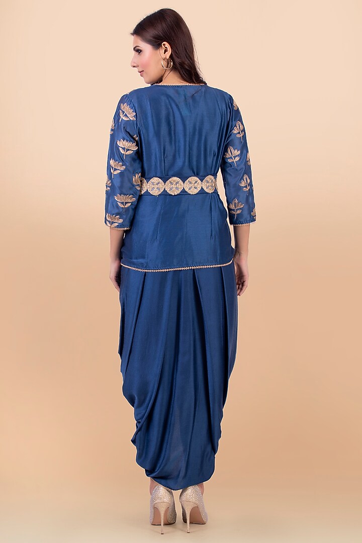Blue Draped Vacation Dress With Jacket by Jajobaa at Pernia's Pop Up Shop