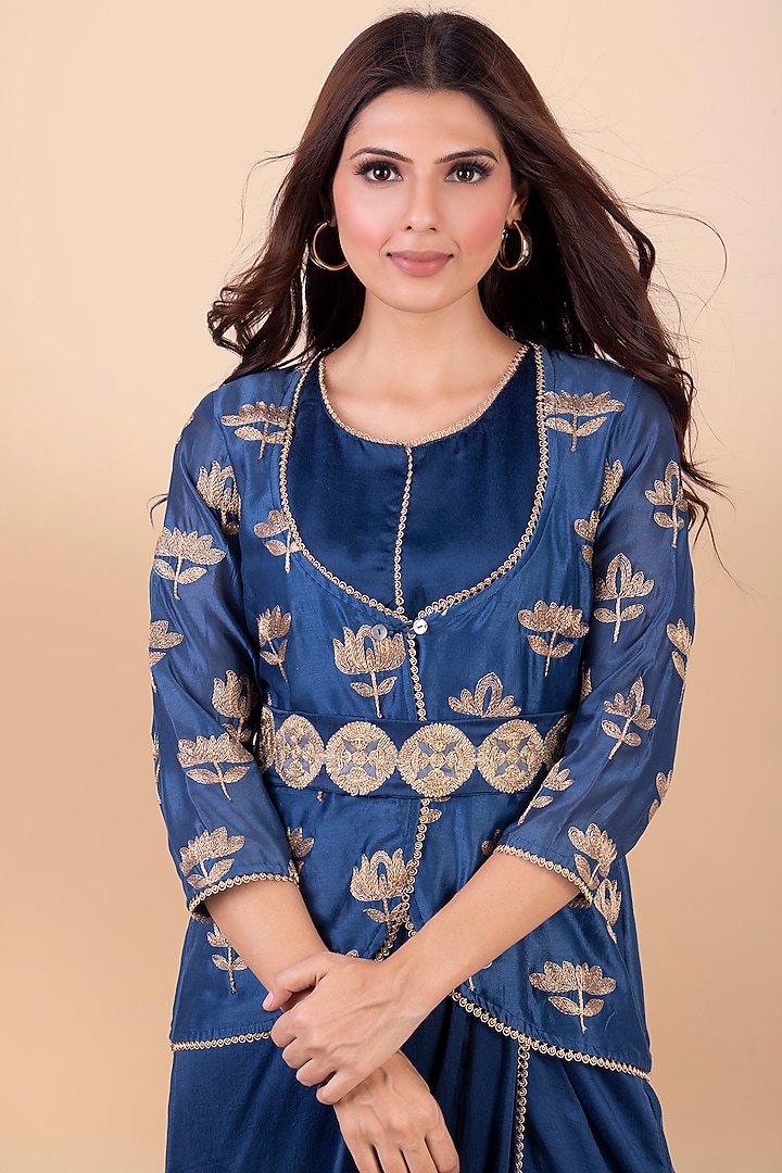 Blue Draped Vacation Dress With Jacket by Jajobaa at Pernia's Pop Up Shop