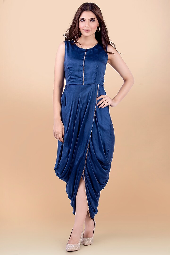 Blue Draped Vacation Dress With Jacket by Jajobaa at Pernia's Pop Up Shop