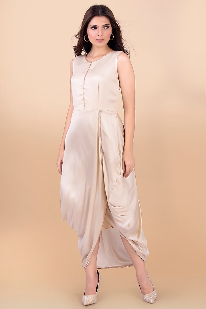 Cream Draped Vacation Dress With Jacket by Jajobaa at Pernia's Pop Up Shop