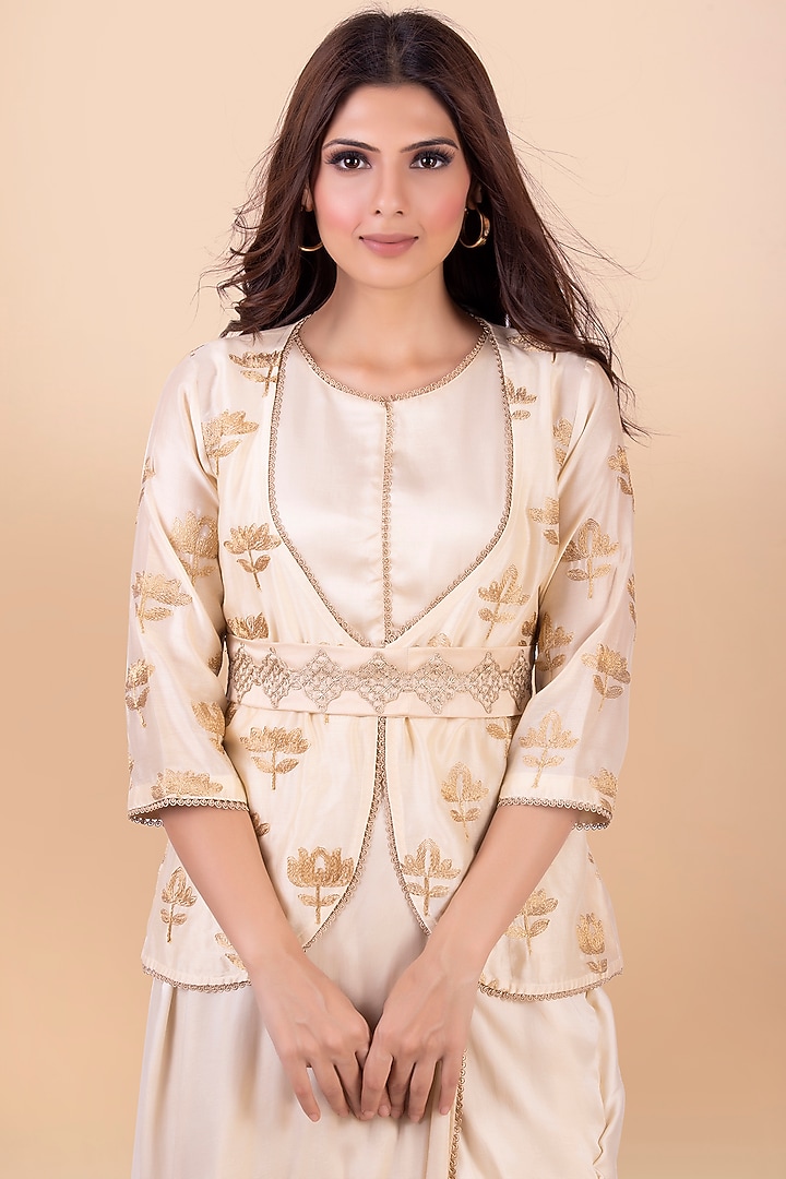 Cream Draped Vacation Dress With Jacket by Jajobaa at Pernia's Pop Up Shop