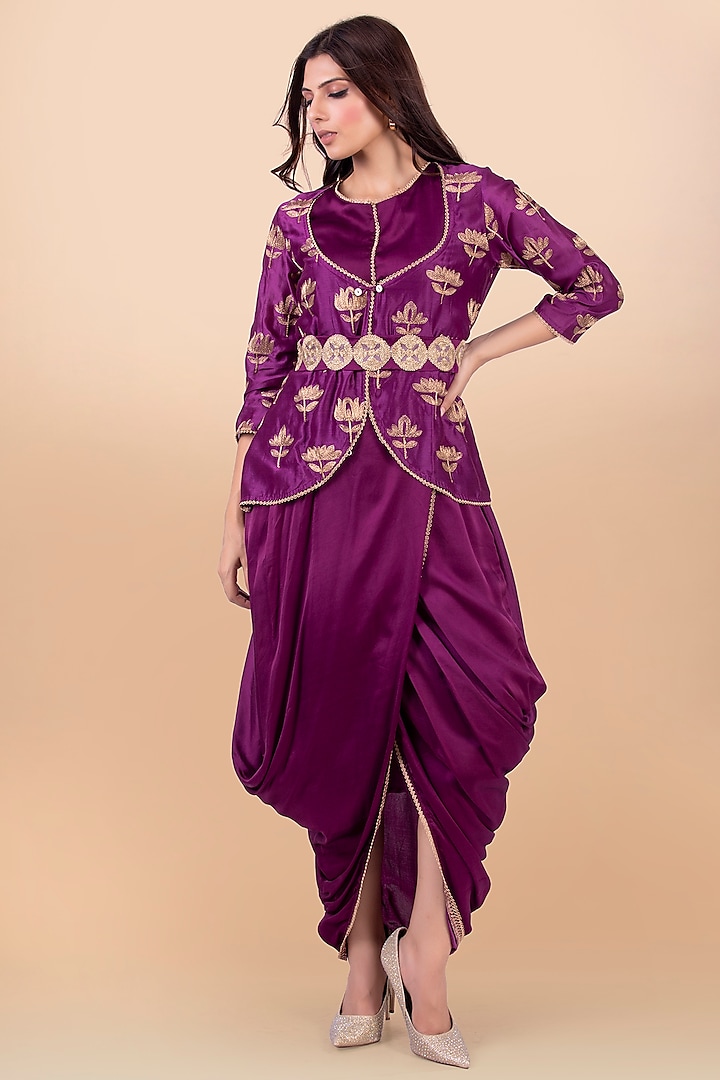 Purple Draped Dress With Jacket by Jajobaa