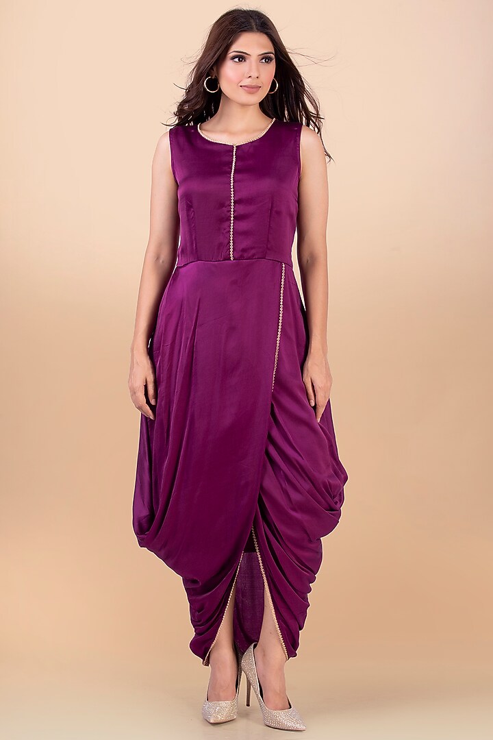 Purple Draped Vacation Dress With Jacket by Jajobaa at Pernia's Pop Up Shop