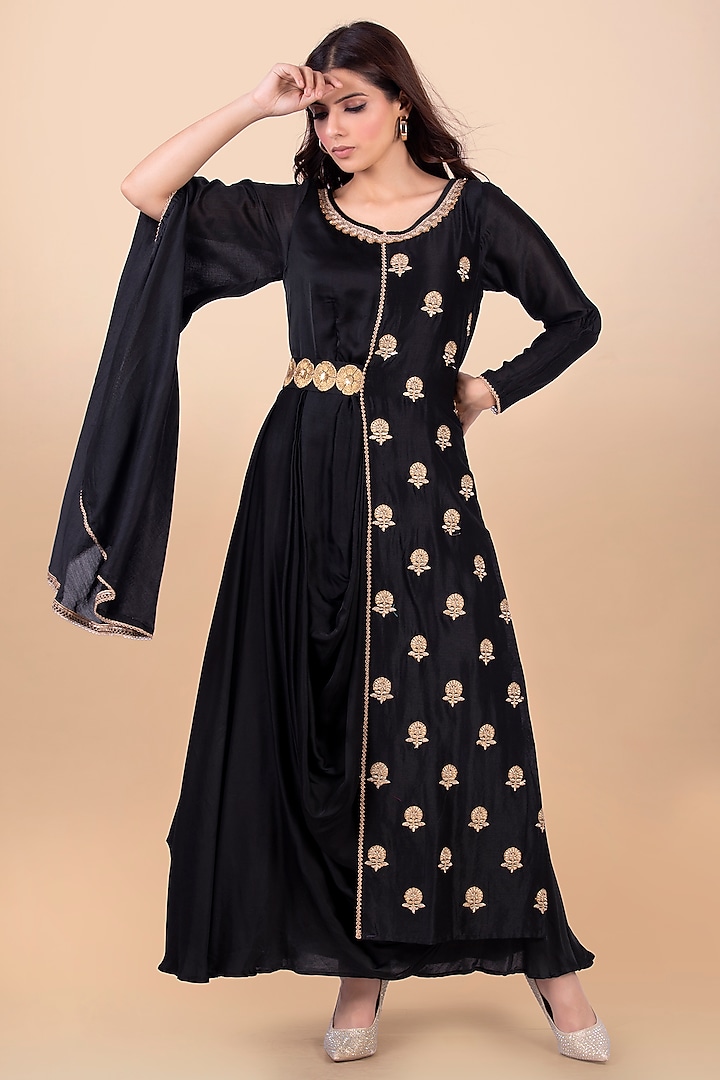 Black Overlapped Cowl Dress by Jajobaa