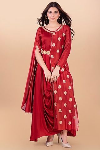 Red Overlapped Cowl Draped Dress by Jajobaa