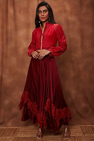 Maroon Modal Satin Skirt Set by Jajobaa