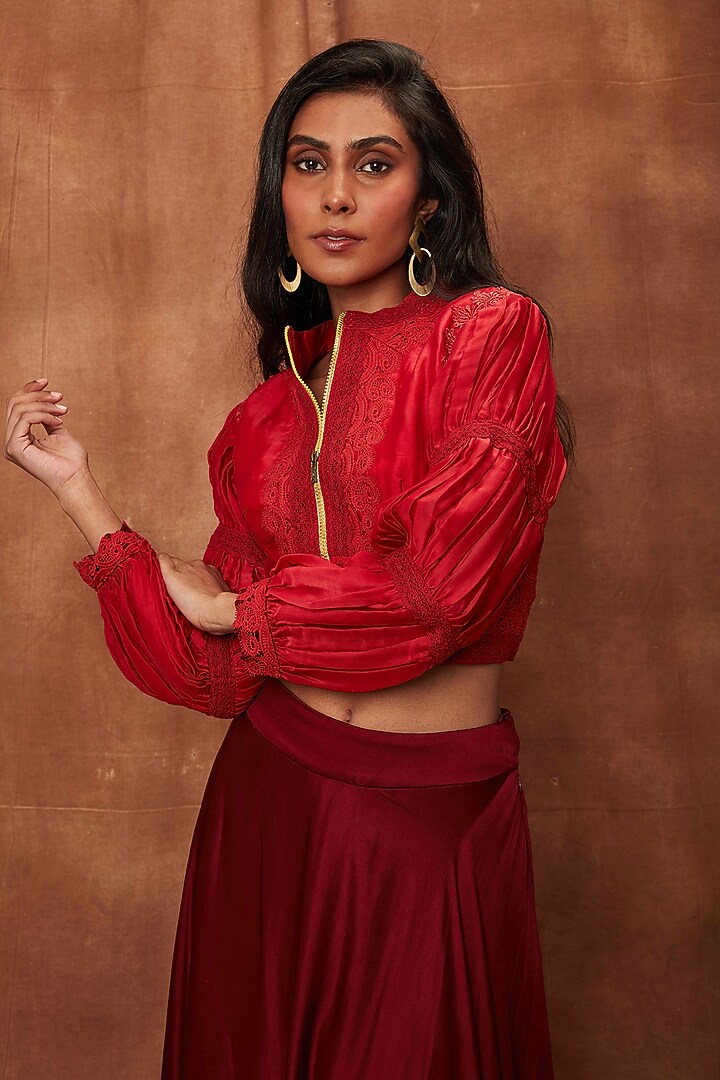 Maroon Modal Satin Skirt Set by Jajobaa at Pernia's Pop Up Shop