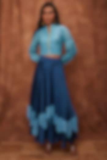 Dark Blue Modal Satin Skirt Set by Jajobaa