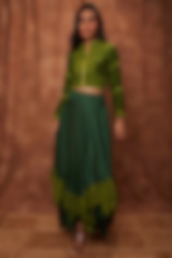 Dark Green Modal Satin Skirt Set by Jajobaa