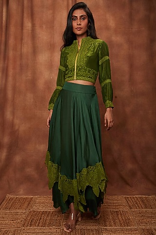Dark Green Modal Satin Skirt Set by Jajobaa