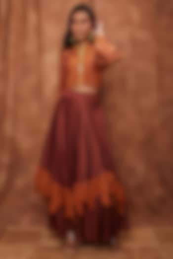 Brown Modal Satin Skirt Set by Jajobaa