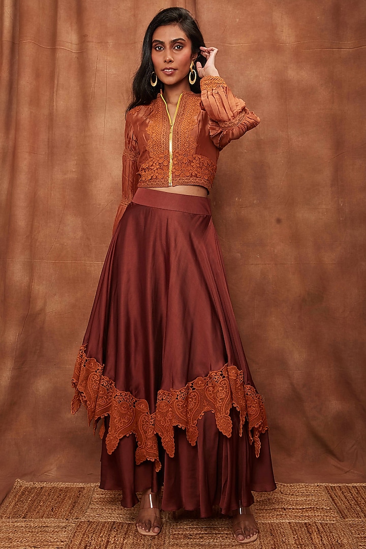 Brown Modal Satin Skirt Set by Jajobaa