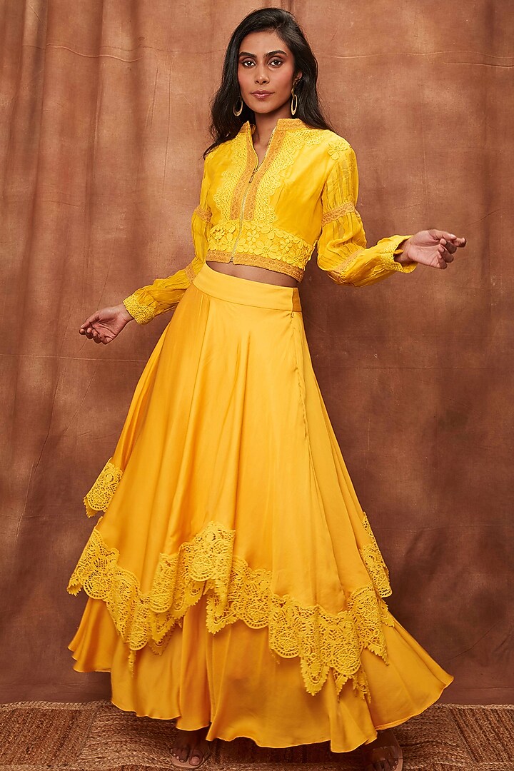 Yellow Modal Satin Skirt Set by Jajobaa