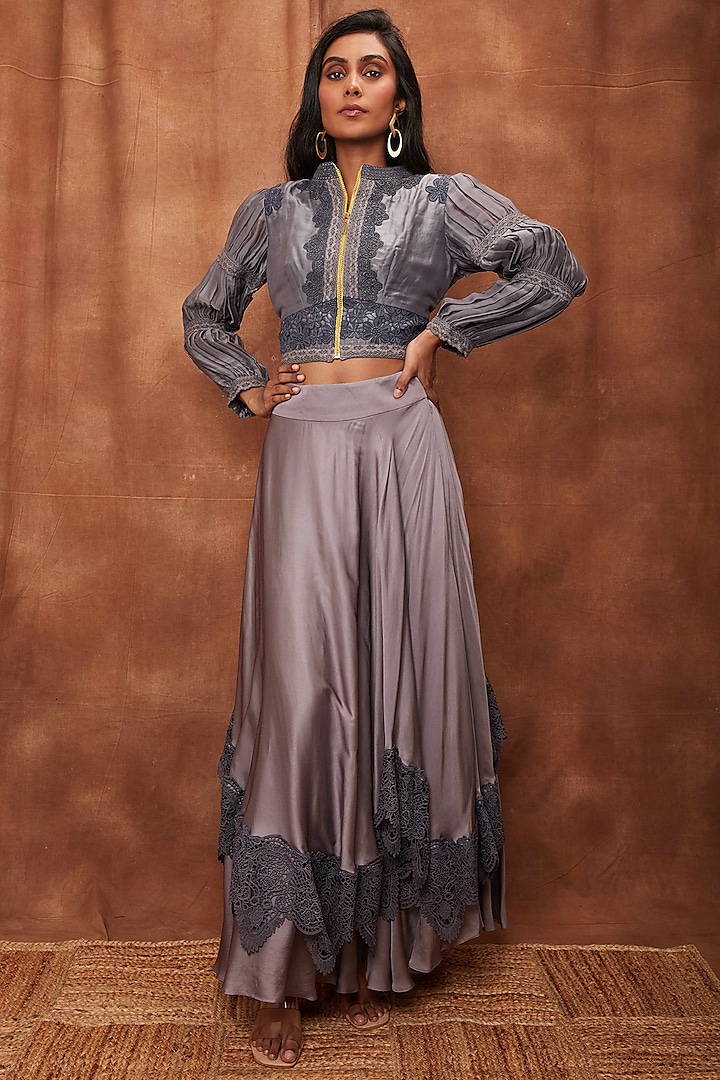 Grey Modal Satin Skirt Set by Jajobaa