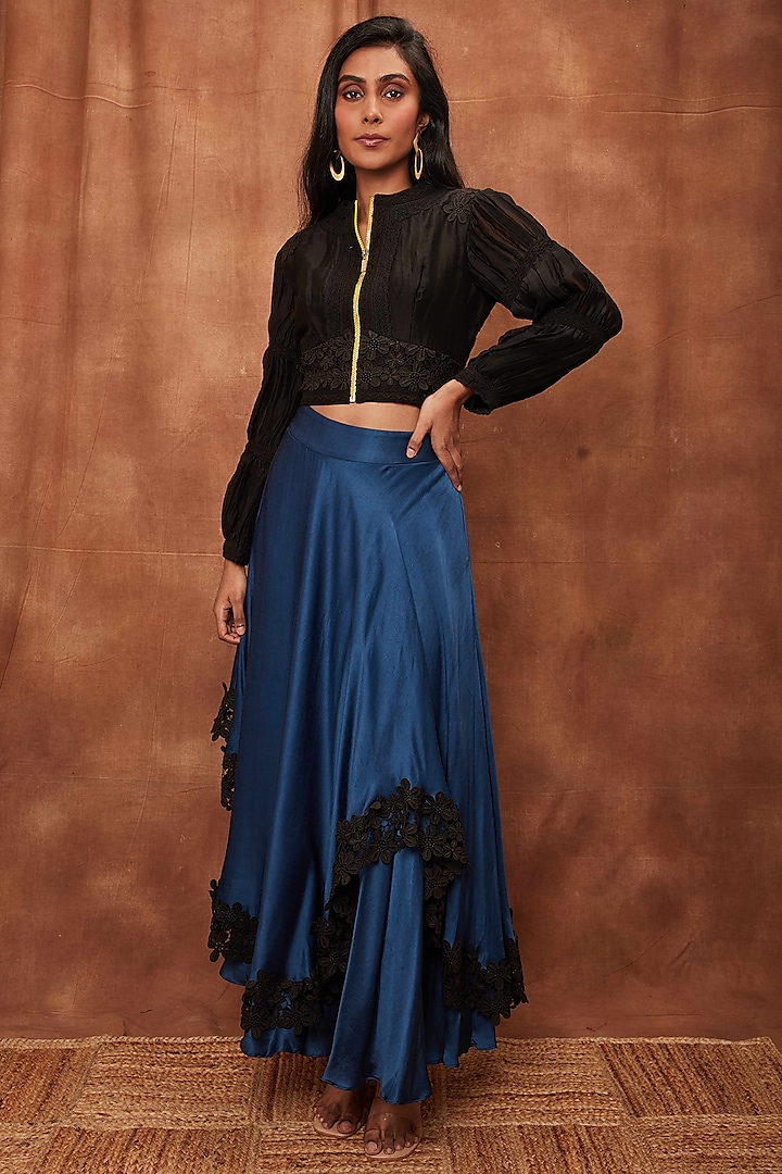 Blue Modal Satin Skirt Set by Jajobaa