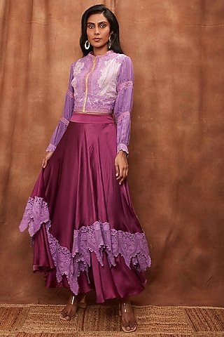 Purple Modal Satin Skirt Set by Jajobaa