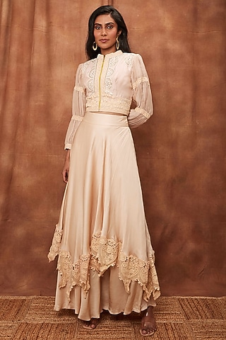 Cream Modal Satin Skirt Set by Jajobaa