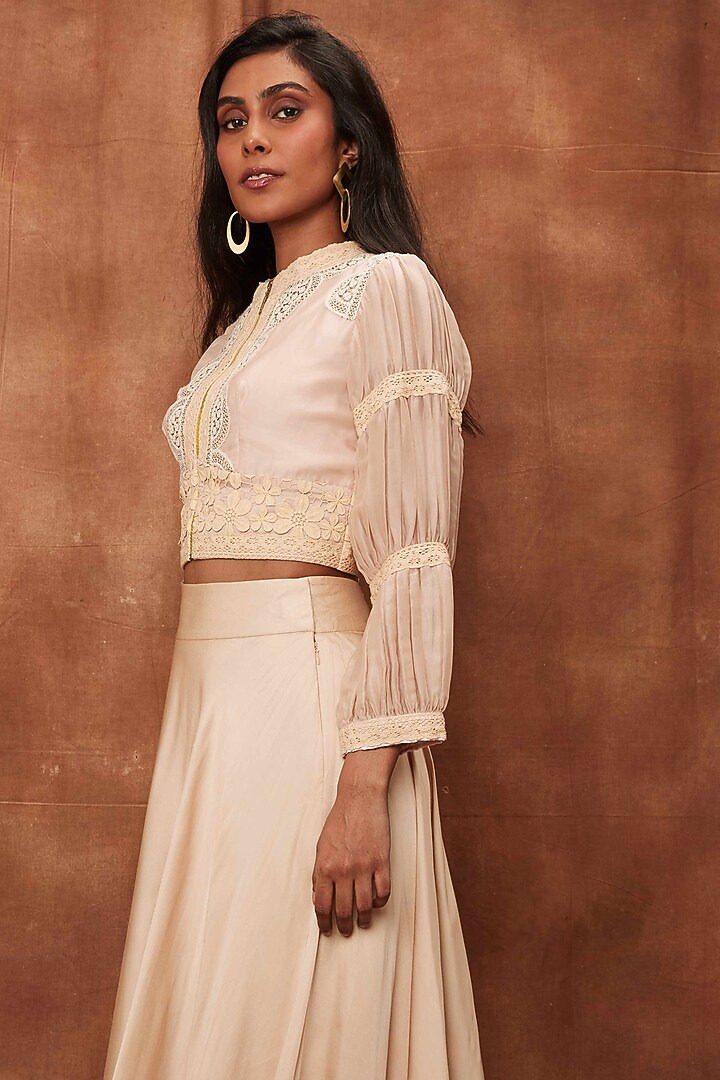 Cream Modal Satin Skirt Set by Jajobaa at Pernia's Pop Up Shop