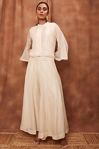 Cream Silk Organza Pant Set by Jajobaa
