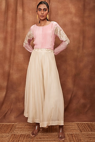 Cream Pant Set in Silk Organza by Jajobaa