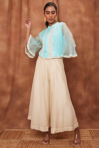 Cream Silk Organza Flared Pant Set by Jajobaa