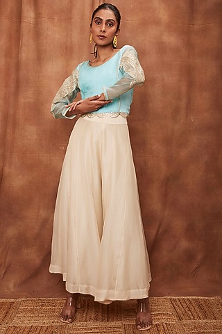 Cream Flared Pant Set in Silk Organza by Jajobaa