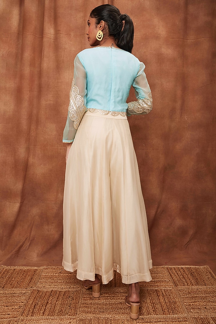 Cream Flared Pant Set in Silk Organza by Jajobaa at Pernia's Pop Up Shop