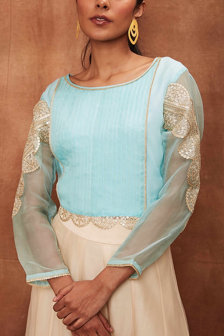 Cream Flared Pant Set in Silk Organza by Jajobaa at Pernia's Pop Up Shop