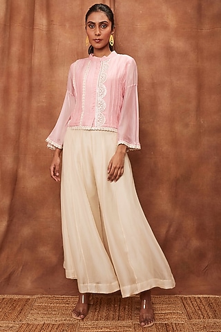 Cream Silk Organza Pant Set by Jajobaa