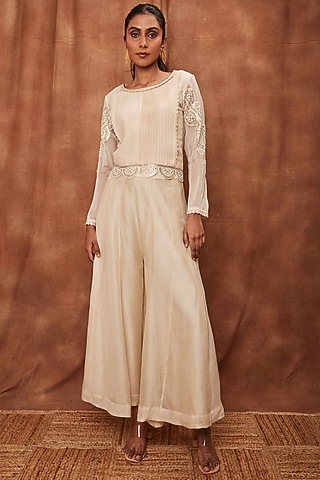 Cream Pant Set in Silk Organza by Jajobaa