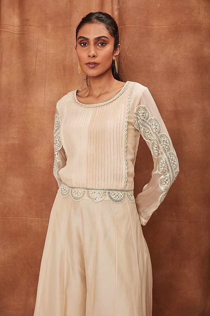 Cream Pant Set in Silk Organza by Jajobaa at Pernia's Pop Up Shop