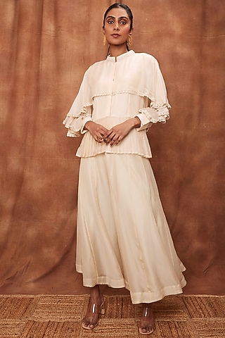 Cream Silk Organza Flared Pant Set by Jajobaa