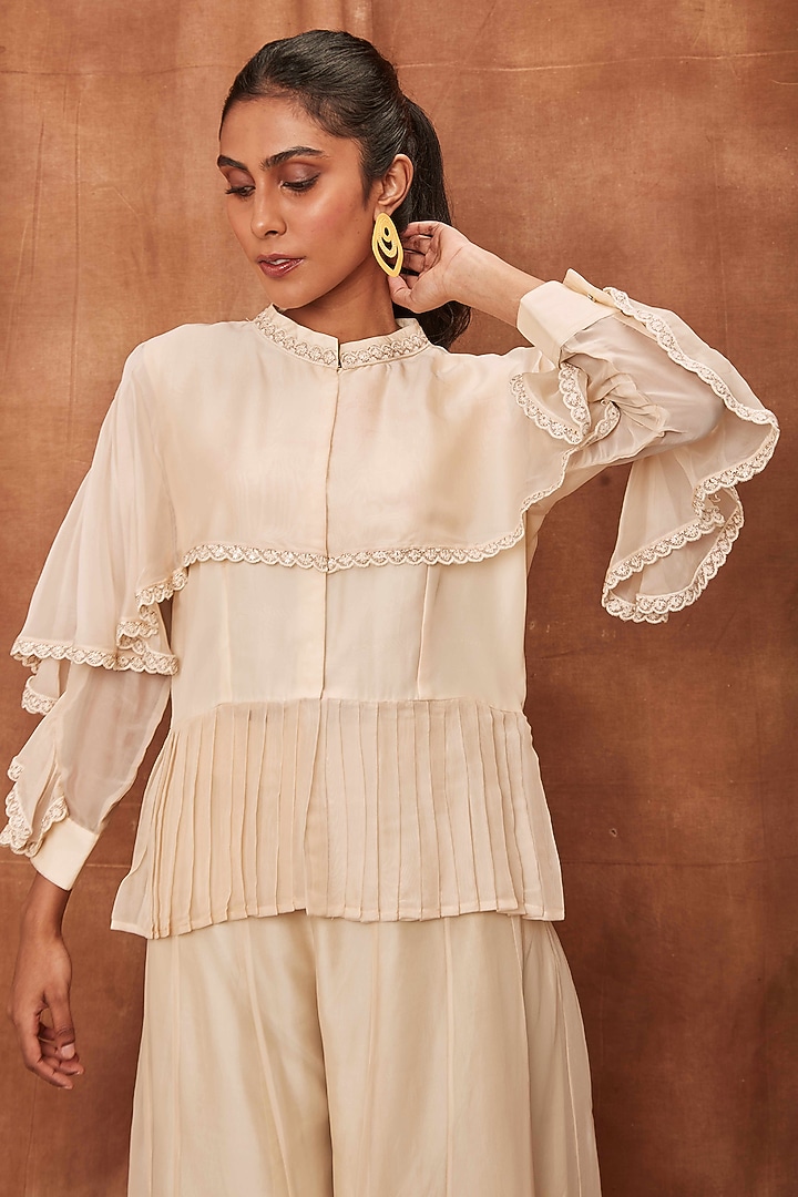 Cream Silk Organza Flared Pant Set by Jajobaa at Pernia's Pop Up Shop