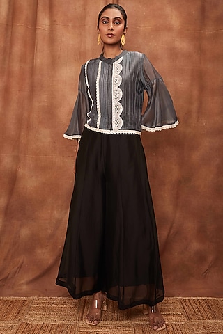 Black Silk Organza Pant Set by Jajobaa