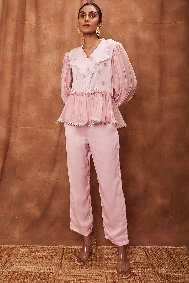 Baby Pink Pant Set In Silk Organza by Jajobaa at Pernia's Pop Up Shop