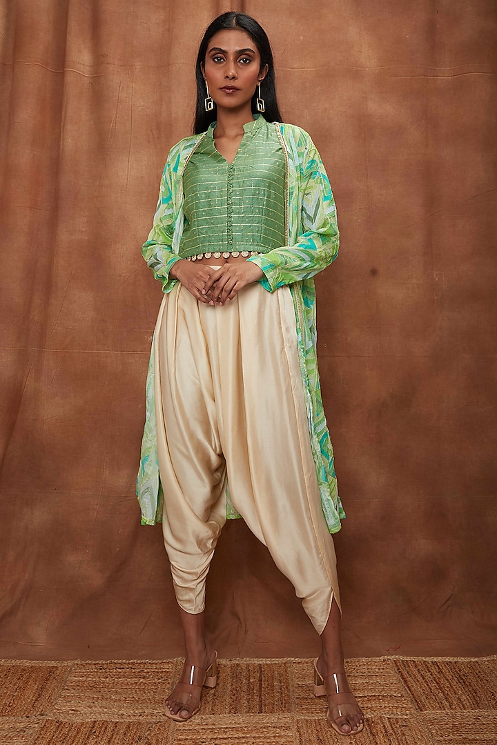 Green Georgette Dhoti Set With Cape by Jajobaa at Pernia's Pop Up Shop