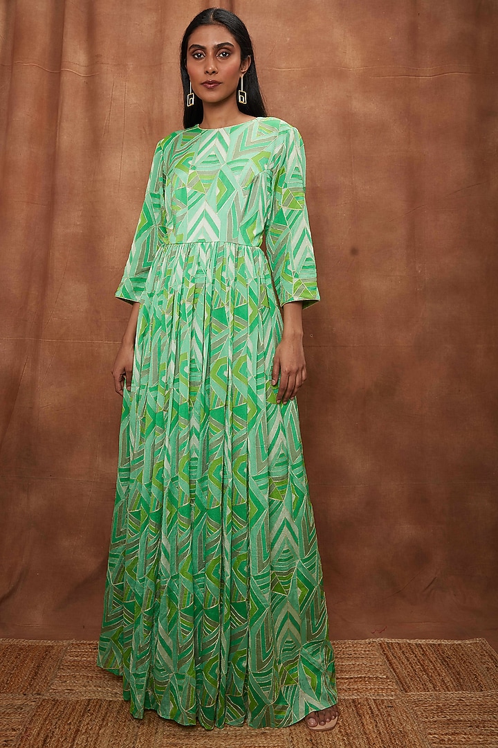 Green Georgette Printed Vacation Dress by Jajobaa at Pernia's Pop Up Shop