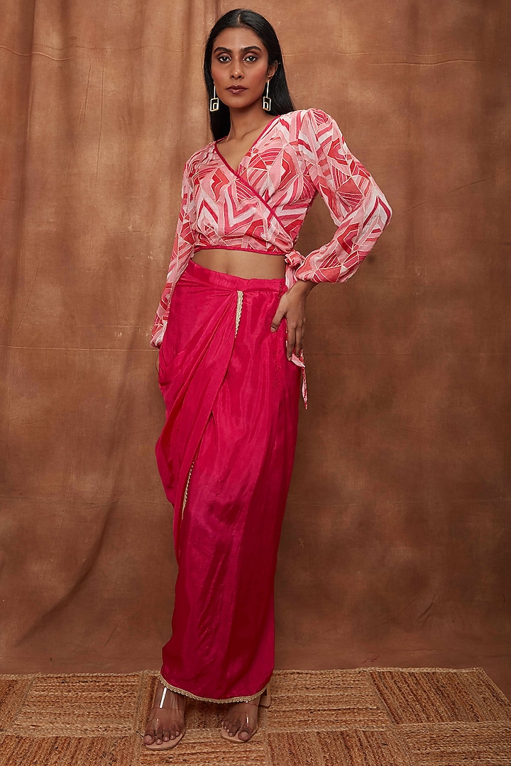 Rani Pink Georgette Printed Skirt Set by Jajobaa