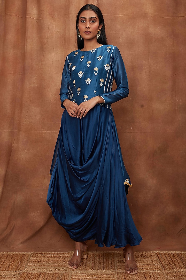 Blue Maheshwari Silk Dress by Jajobaa