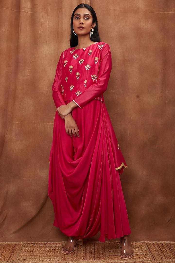 Rani Pink Maheshwari Silk Dress by Jajobaa